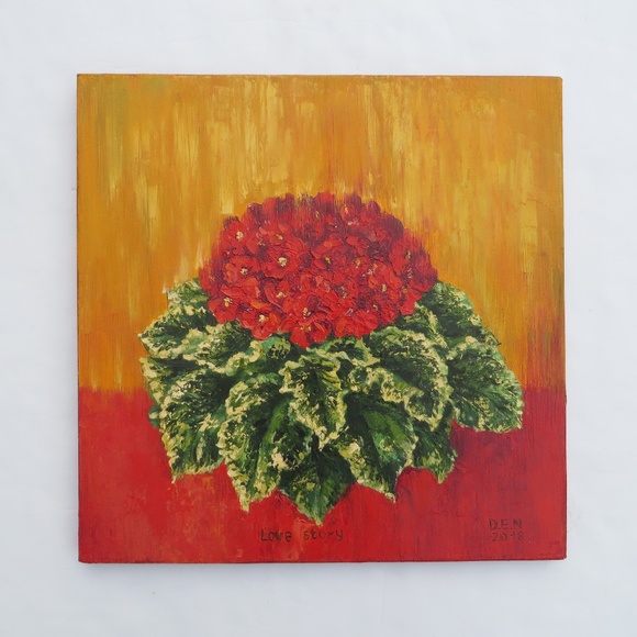 African Violet Love Story Painting Oil on Canvas - Picture 1 of 8
